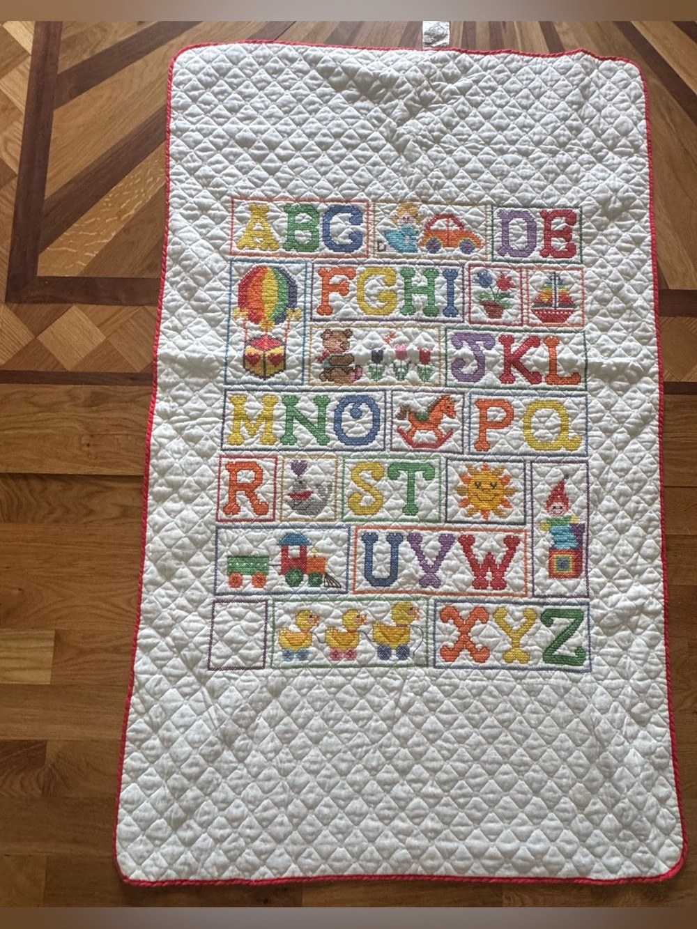 Vintage Armour Handcrafts Alphabet Baby Quilt Cross Stitch Nursery 34.5”x56”